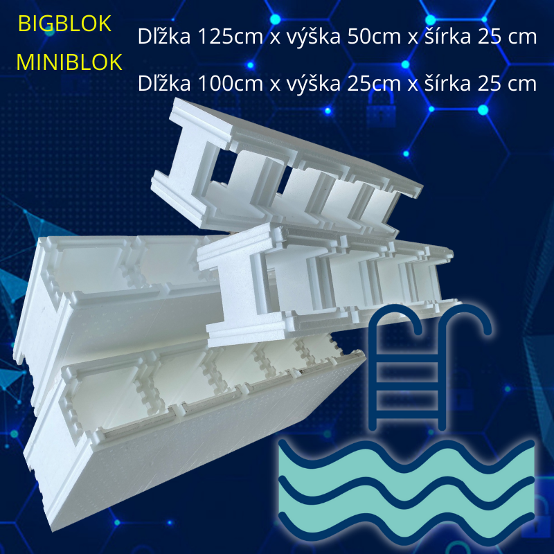 Polystyrénové bazénové tvárnice na stavbu bazéna BIGBLOK (1 BIGBLOK = 2,5 x MINIBLOK) Polystyrénové bazénové tvárnice na stavbu bazéna BIGBLOK (1 BIGBLOK = 2,5 x MINIBLOK)
